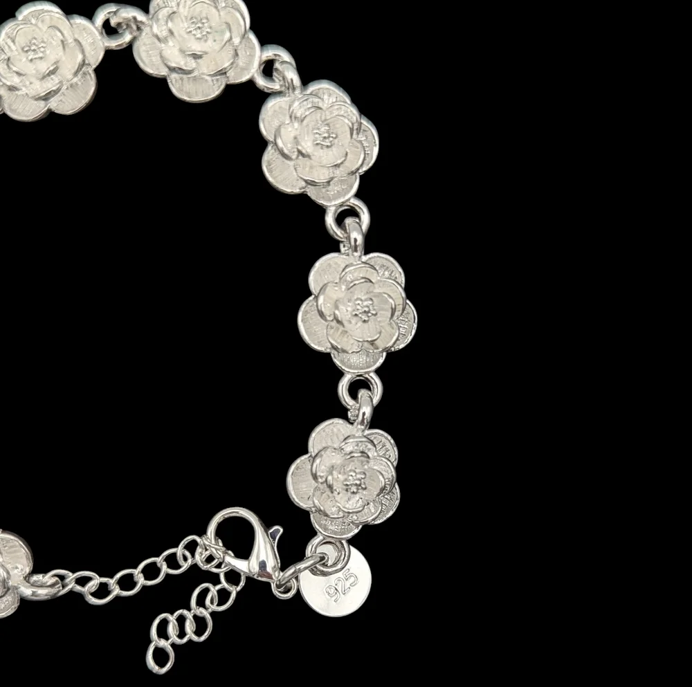 925 Sterling Silver Plated Flower Rose Bracelet
